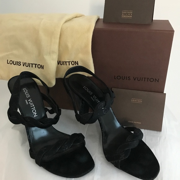 Louis Vuitton Vintage Black Satin Logo Sandals | Size 38.5 | 4.5” Heels + Box - Picture 2 of 11